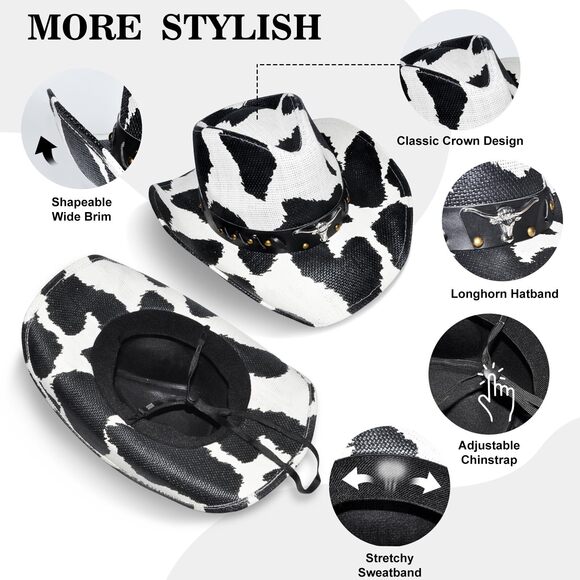 6894 Cow Pattern Straw Cowboy Hat Western With Decorative Bands, Size